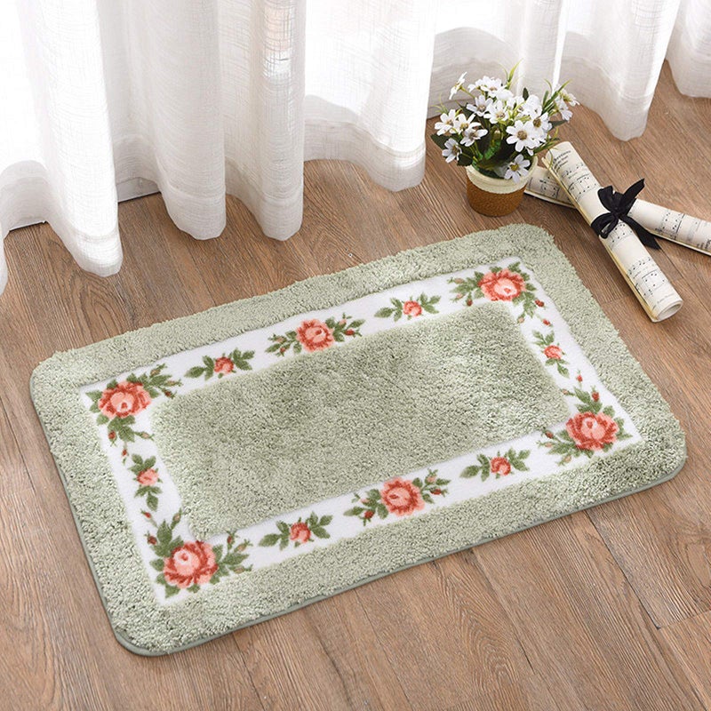 UKELER Bath Rug Soft Shag Floral Rose Bathroom Rugs Washable Non-Slip Bath Mat for Home and Hotel, 29.5''x17.7'', Green - Image 3